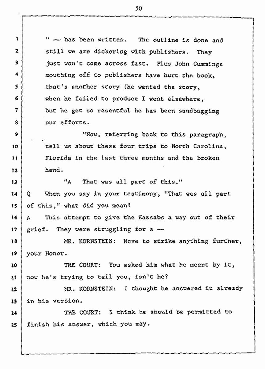 Los Angeles, California Civil Trial<br>Jeffrey MacDonald vs. Joe McGinniss<br><br>July 27, 1987:<br>Plaintiff's Witness: Jeffrey MacDonald, p. 50