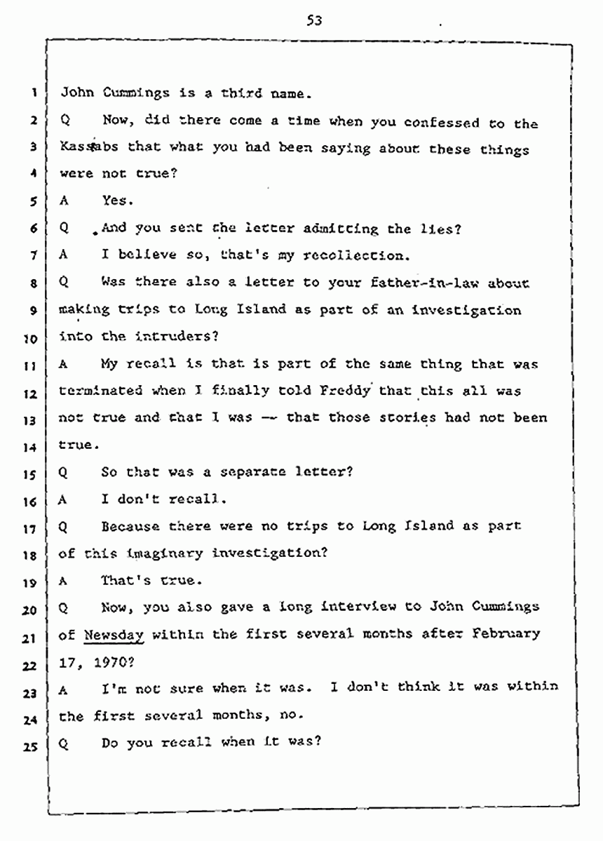 Los Angeles, California Civil Trial<br>Jeffrey MacDonald vs. Joe McGinniss<br><br>July 27, 1987:<br>Plaintiff's Witness: Jeffrey MacDonald, p. 53