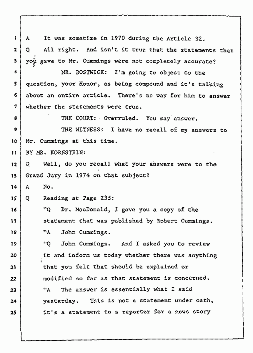 Los Angeles, California Civil Trial<br>Jeffrey MacDonald vs. Joe McGinniss<br><br>July 27, 1987:<br>Plaintiff's Witness: Jeffrey MacDonald, p. 54