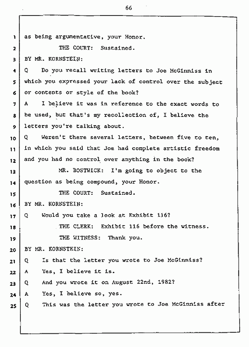 Los Angeles, California Civil Trial<br>Jeffrey MacDonald vs. Joe McGinniss<br><br>July 27, 1987:<br>Plaintiff's Witness: Jeffrey MacDonald, p. 66