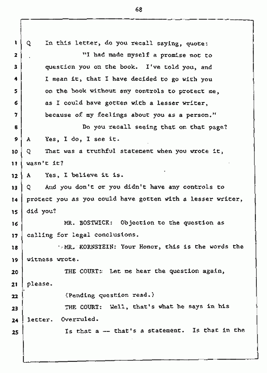 Los Angeles, California Civil Trial<br>Jeffrey MacDonald vs. Joe McGinniss<br><br>July 27, 1987:<br>Plaintiff's Witness: Jeffrey MacDonald, p. 68