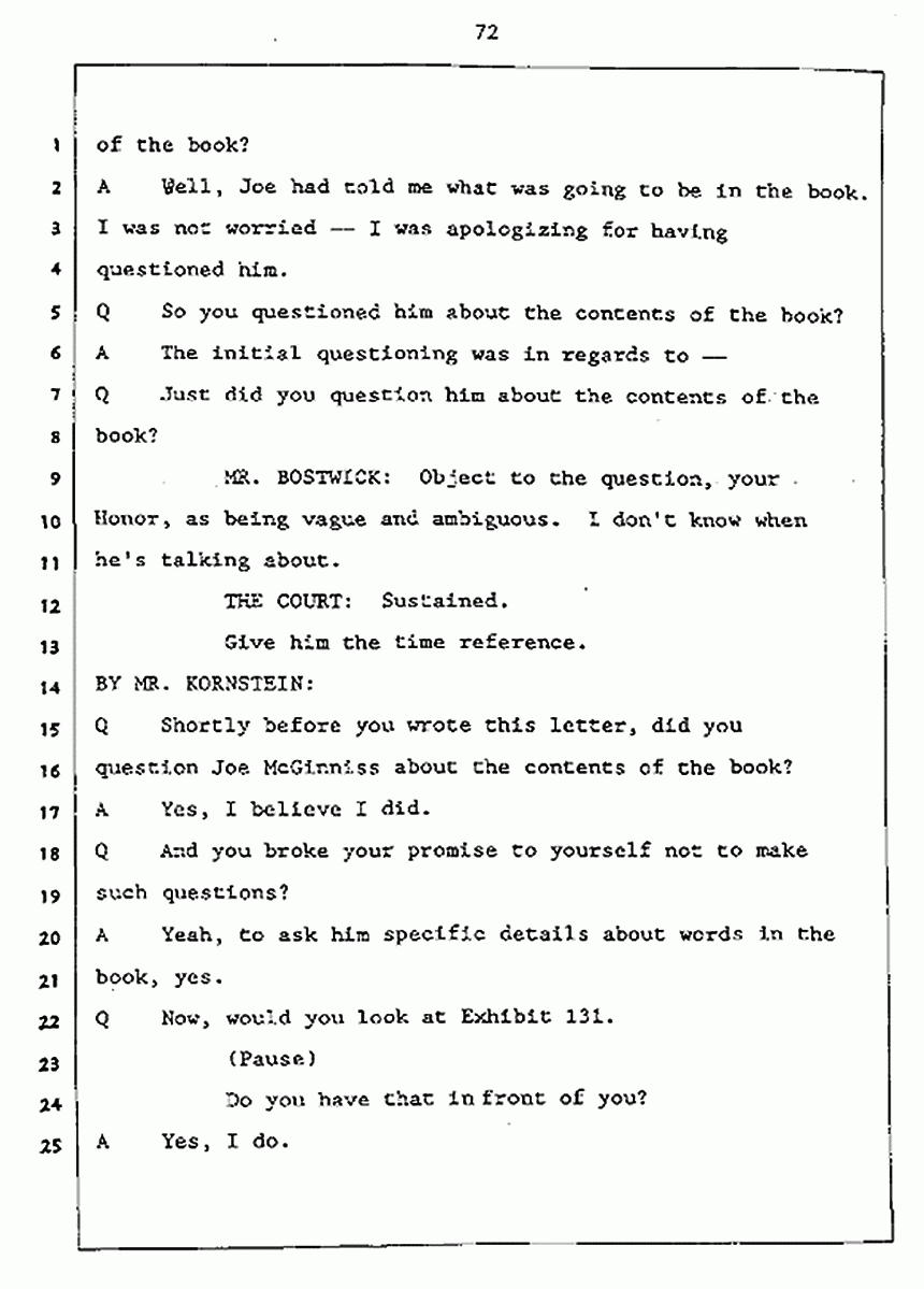 Los Angeles, California Civil Trial<br>Jeffrey MacDonald vs. Joe McGinniss<br><br>July 27, 1987:<br>Plaintiff's Witness: Jeffrey MacDonald, p. 72