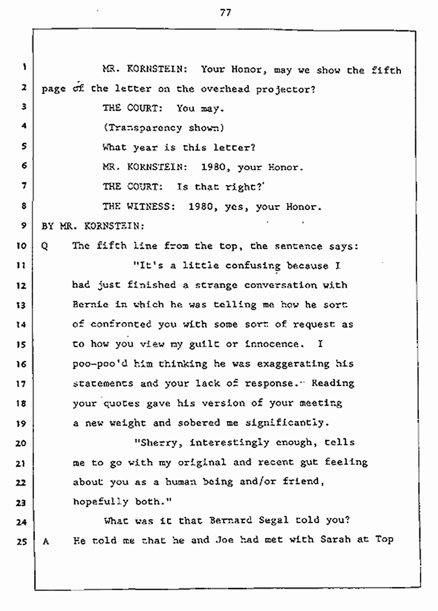 Los Angeles, California Civil Trial<br>Jeffrey MacDonald vs. Joe McGinniss<br><br>July 27, 1987:<br>Plaintiff's Witness: Jeffrey MacDonald, p. 77