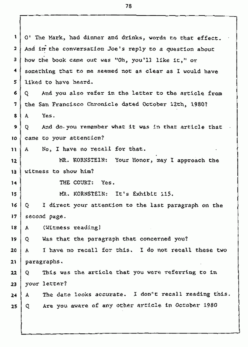 Los Angeles, California Civil Trial<br>Jeffrey MacDonald vs. Joe McGinniss<br><br>July 27, 1987:<br>Plaintiff's Witness: Jeffrey MacDonald, p. 78