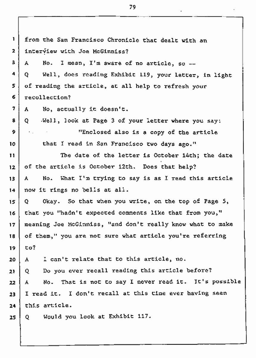 Los Angeles, California Civil Trial<br>Jeffrey MacDonald vs. Joe McGinniss<br><br>July 27, 1987:<br>Plaintiff's Witness: Jeffrey MacDonald, p. 79