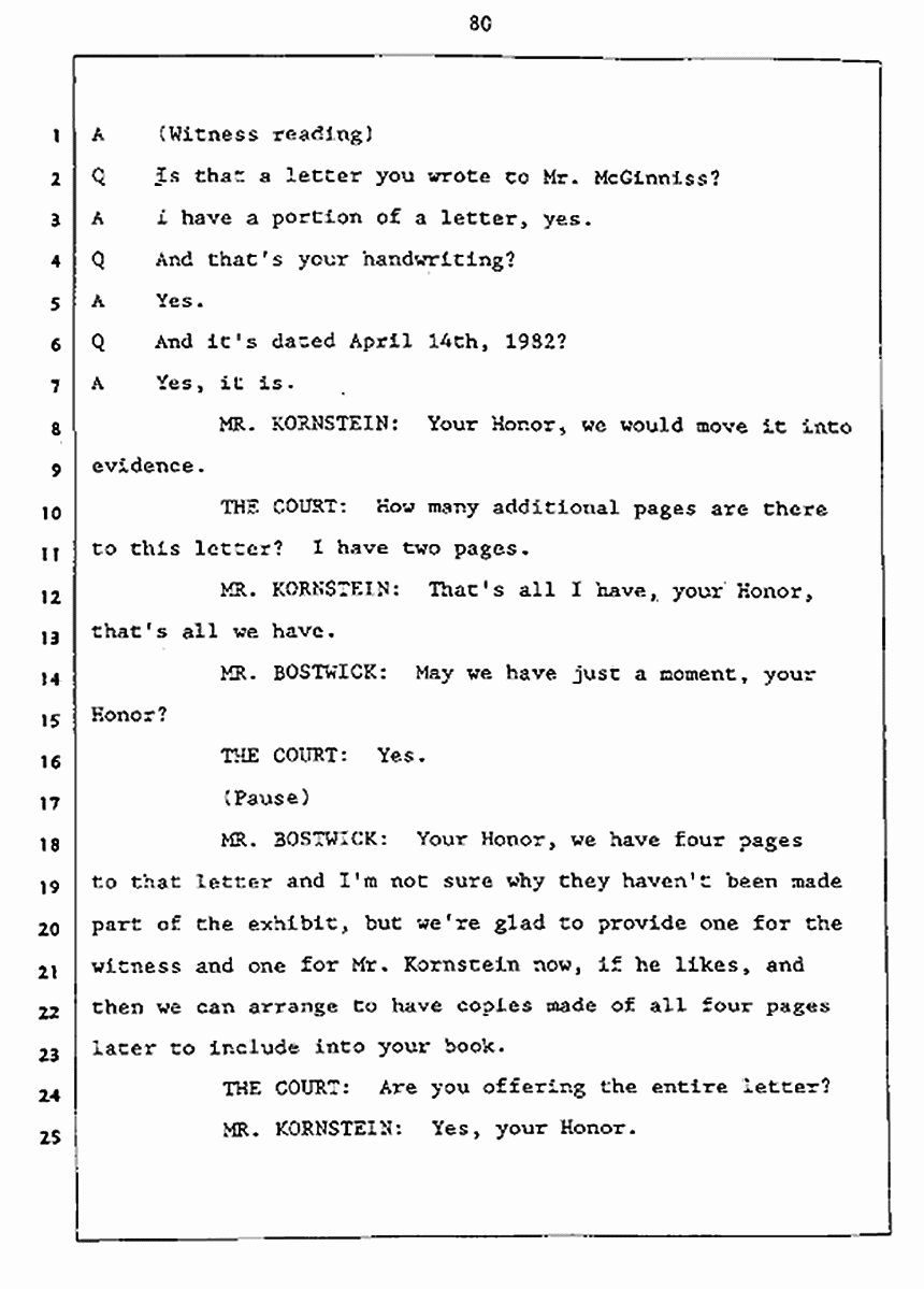 Los Angeles, California Civil Trial<br>Jeffrey MacDonald vs. Joe McGinniss<br><br>July 27, 1987:<br>Plaintiff's Witness: Jeffrey MacDonald, p. 80