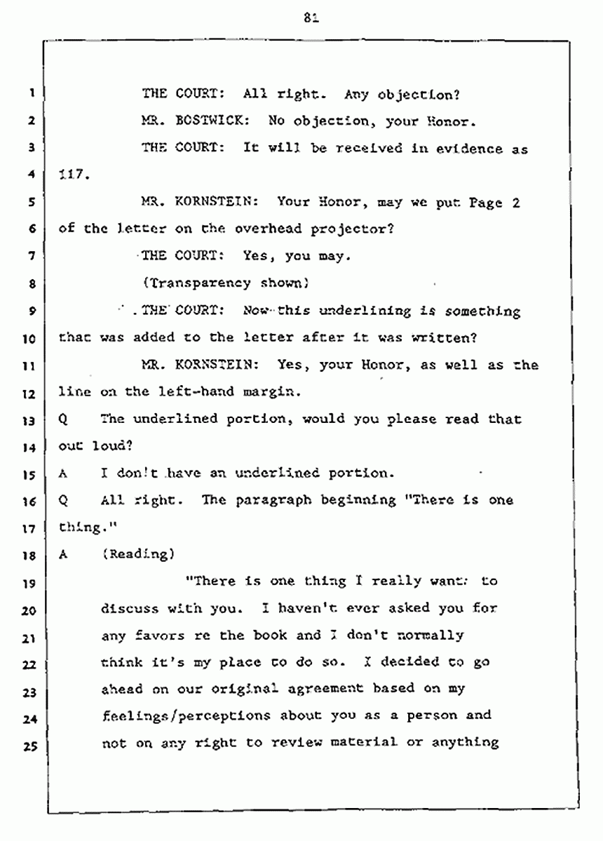Los Angeles, California Civil Trial<br>Jeffrey MacDonald vs. Joe McGinniss<br><br>July 27, 1987:<br>Plaintiff's Witness: Jeffrey MacDonald, p. 81