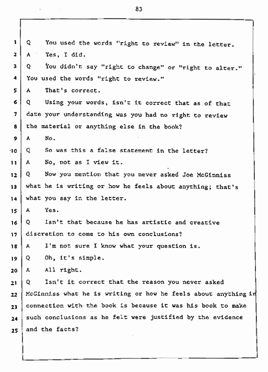 Los Angeles, California Civil Trial<br>Jeffrey MacDonald vs. Joe McGinniss<br><br>July 27, 1987:<br>Plaintiff's Witness: Jeffrey MacDonald, p. 83