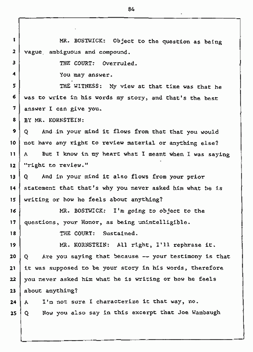 Los Angeles, California Civil Trial<br>Jeffrey MacDonald vs. Joe McGinniss<br><br>July 27, 1987:<br>Plaintiff's Witness: Jeffrey MacDonald, p. 84