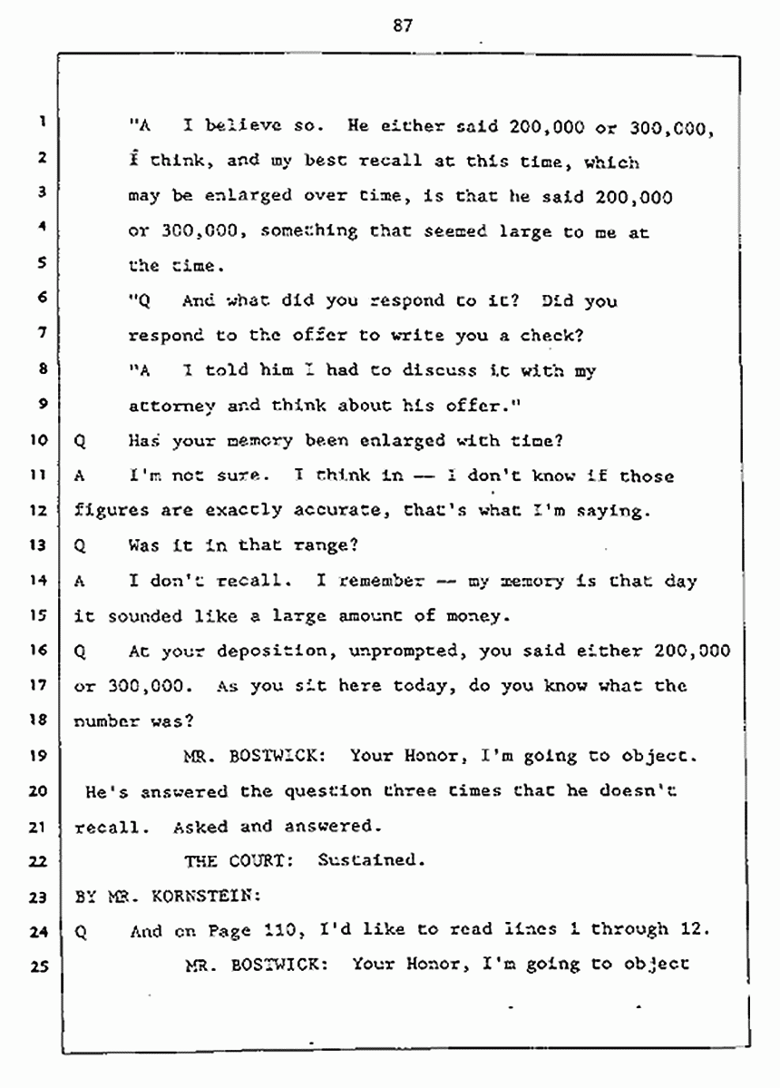 Los Angeles, California Civil Trial<br>Jeffrey MacDonald vs. Joe McGinniss<br><br>July 27, 1987:<br>Plaintiff's Witness: Jeffrey MacDonald, p. 87