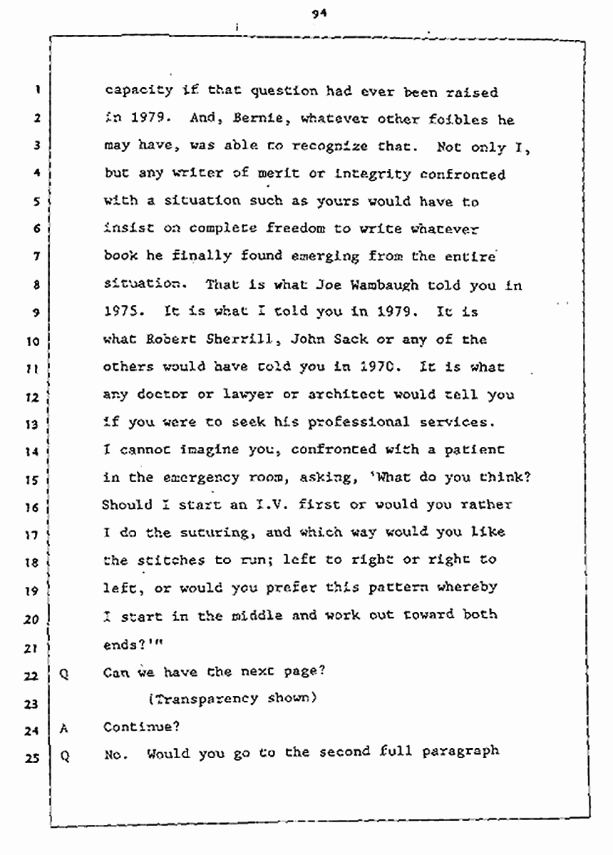 Los Angeles, California Civil Trial<br>Jeffrey MacDonald vs. Joe McGinniss<br><br>July 27, 1987:<br>Plaintiff's Witness: Jeffrey MacDonald, p. 94