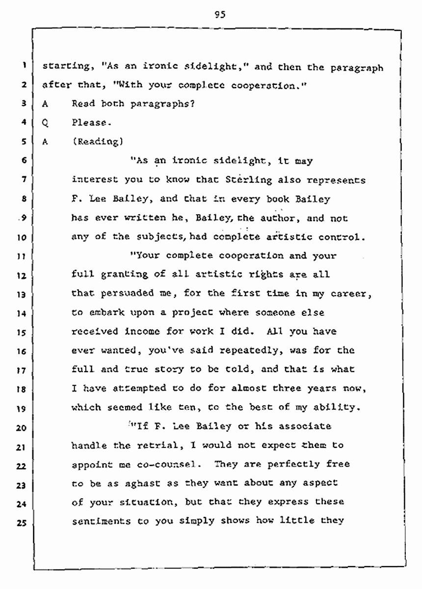 Los Angeles, California Civil Trial<br>Jeffrey MacDonald vs. Joe McGinniss<br><br>July 27, 1987:<br>Plaintiff's Witness: Jeffrey MacDonald, p. 95