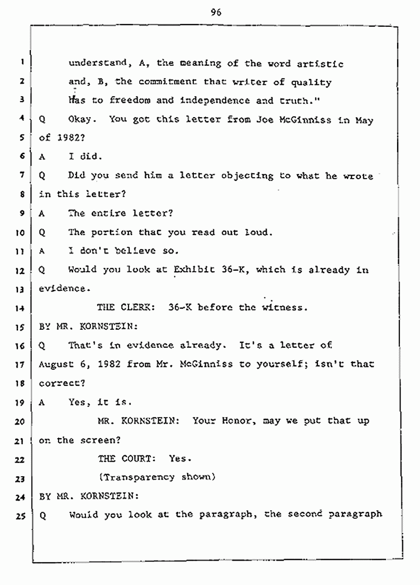Los Angeles, California Civil Trial<br>Jeffrey MacDonald vs. Joe McGinniss<br><br>July 27, 1987:<br>Plaintiff's Witness: Jeffrey MacDonald, p. 96