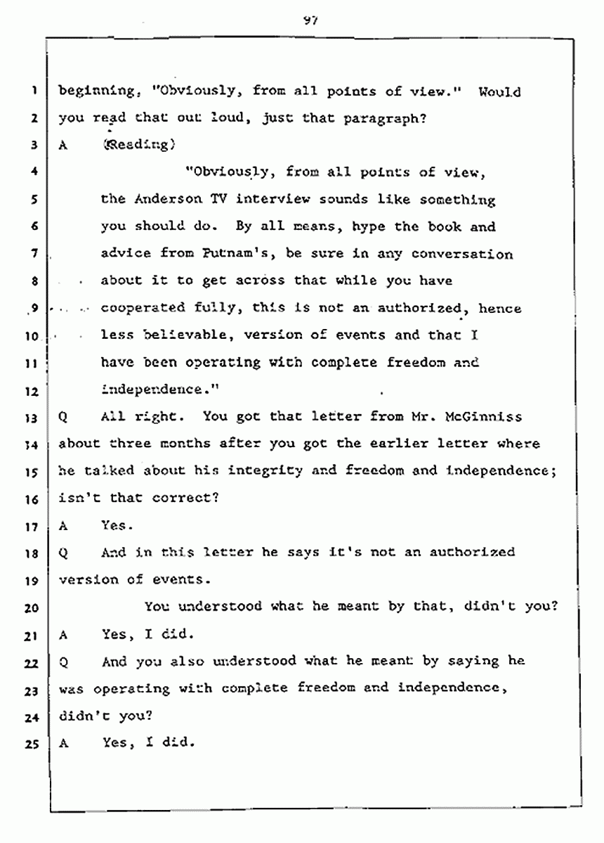 Los Angeles, California Civil Trial<br>Jeffrey MacDonald vs. Joe McGinniss<br><br>July 27, 1987:<br>Plaintiff's Witness: Jeffrey MacDonald, p. 97