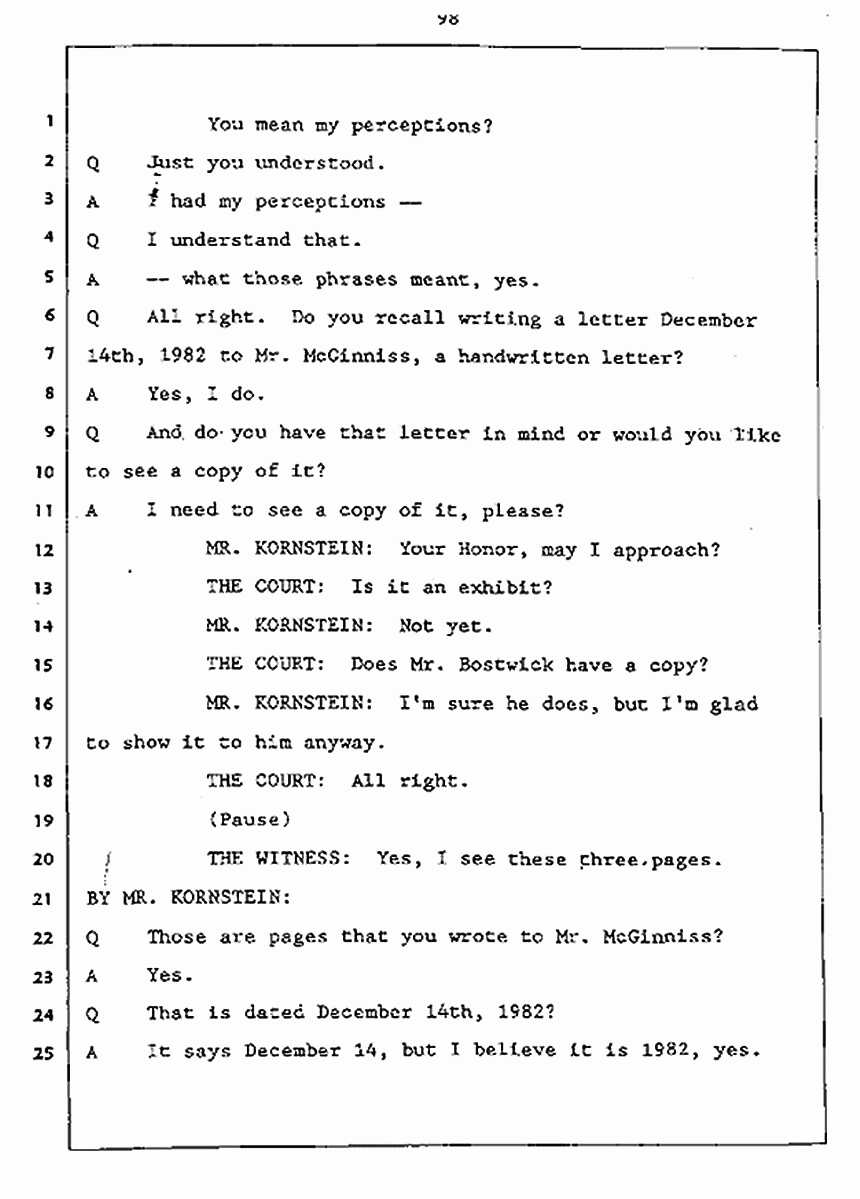 Los Angeles, California Civil Trial<br>Jeffrey MacDonald vs. Joe McGinniss<br><br>July 27, 1987:<br>Plaintiff's Witness: Jeffrey MacDonald, p. 98