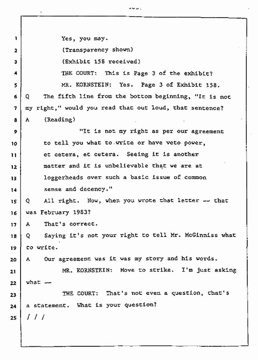 Los Angeles, California Civil Trial<br>Jeffrey MacDonald vs. Joe McGinniss<br><br>July 27, 1987:<br>Plaintiff's Witness: Jeffrey MacDonald, p. 103