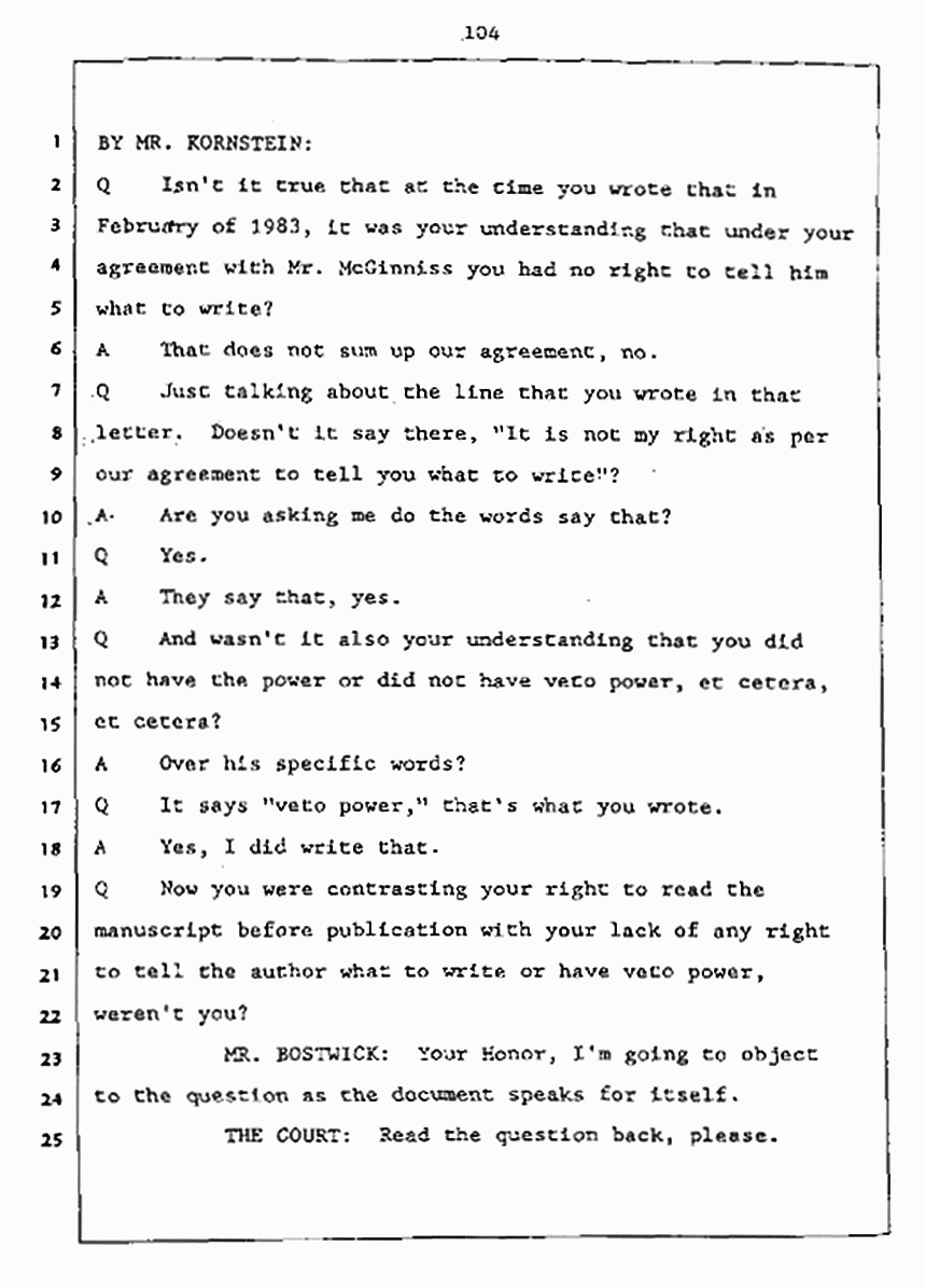 Los Angeles, California Civil Trial<br>Jeffrey MacDonald vs. Joe McGinniss<br><br>July 27, 1987:<br>Plaintiff's Witness: Jeffrey MacDonald, p. 104