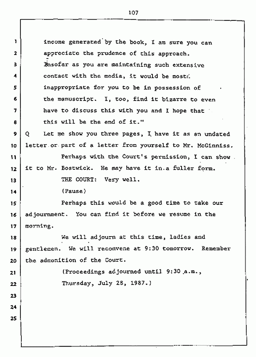 Los Angeles, California Civil Trial<br>Jeffrey MacDonald vs. Joe McGinniss<br><br>July 27, 1987:<br>Plaintiff's Witness: Jeffrey MacDonald, p. 107