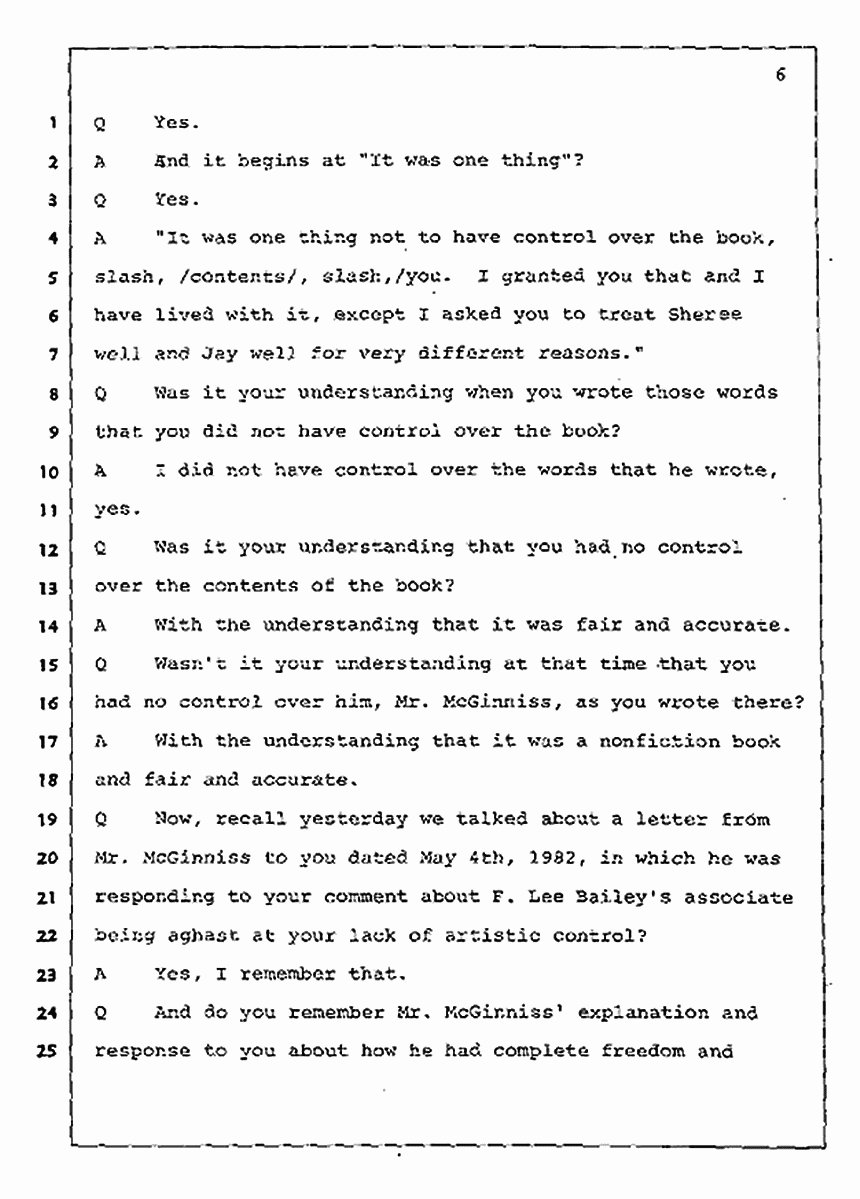 Los Angeles, California Civil Trial<br>Jeffrey MacDonald vs. Joe McGinniss<br><br>July 30, 1987:<br>Plaintiff's Witness: Jeffrey MacDonald, p. 6