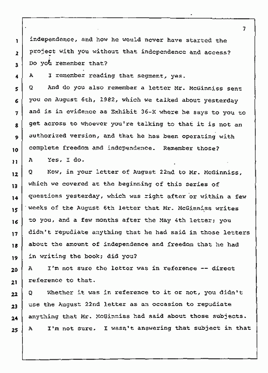 Los Angeles, California Civil Trial<br>Jeffrey MacDonald vs. Joe McGinniss<br><br>July 30, 1987:<br>Plaintiff's Witness: Jeffrey MacDonald, p. 7
