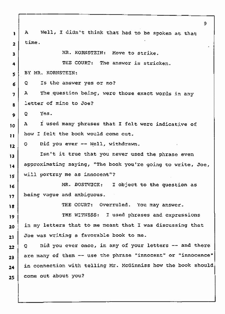 Los Angeles, California Civil Trial<br>Jeffrey MacDonald vs. Joe McGinniss<br><br>July 30, 1987:<br>Plaintiff's Witness: Jeffrey MacDonald, p. 9