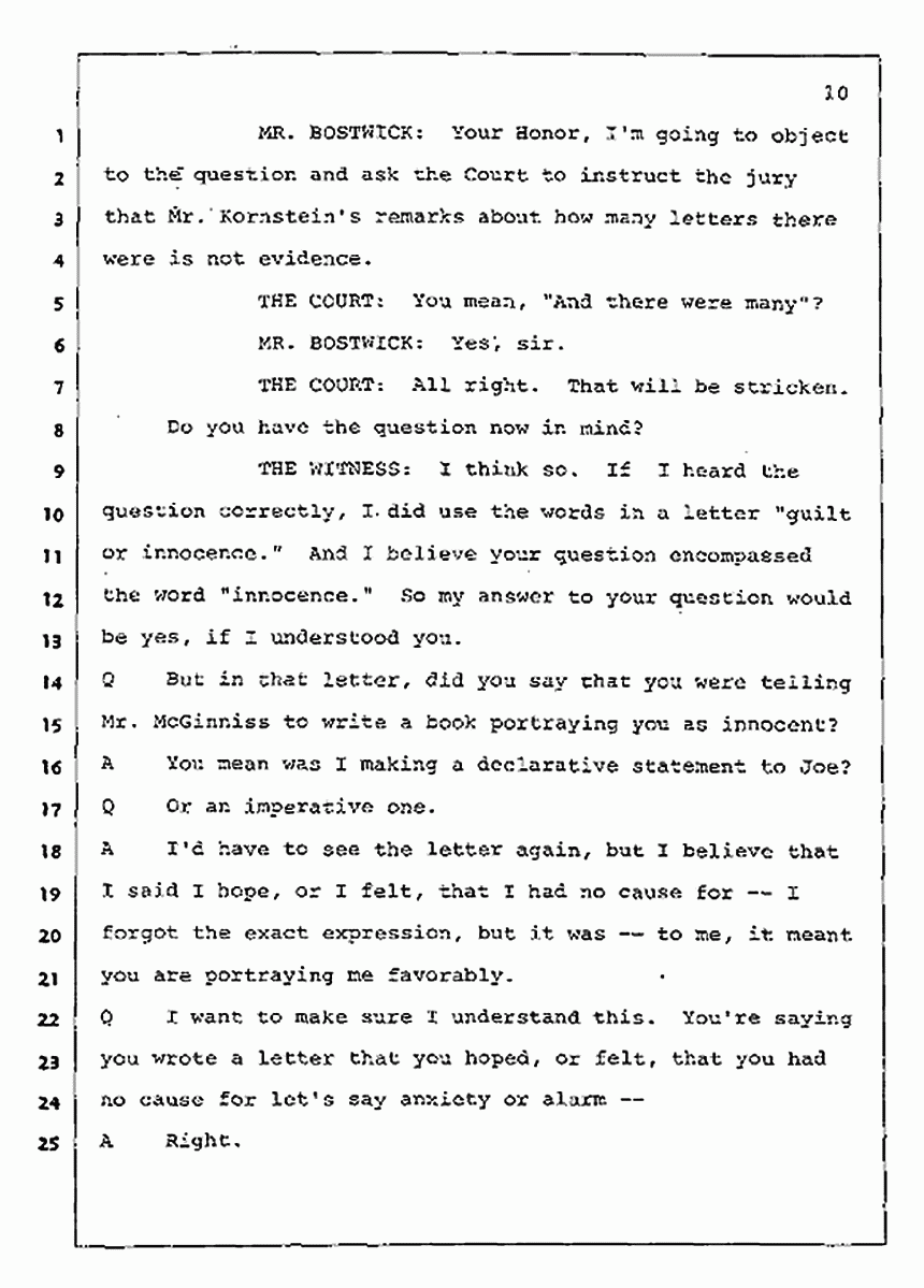 Los Angeles, California Civil Trial<br>Jeffrey MacDonald vs. Joe McGinniss<br><br>July 30, 1987:<br>Plaintiff's Witness: Jeffrey MacDonald, p. 10
