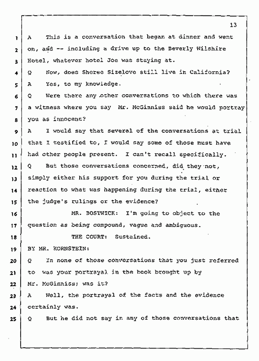 Los Angeles, California Civil Trial<br>Jeffrey MacDonald vs. Joe McGinniss<br><br>July 30, 1987:<br>Plaintiff's Witness: Jeffrey MacDonald, p. 13