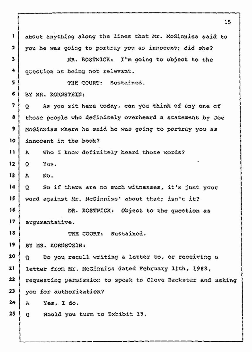 Los Angeles, California Civil Trial<br>Jeffrey MacDonald vs. Joe McGinniss<br><br>July 30, 1987:<br>Plaintiff's Witness: Jeffrey MacDonald, p. 15