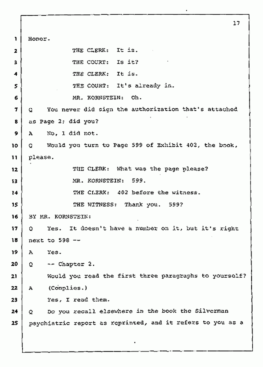 Los Angeles, California Civil Trial<br>Jeffrey MacDonald vs. Joe McGinniss<br><br>July 30, 1987:<br>Plaintiff's Witness: Jeffrey MacDonald, p. 17