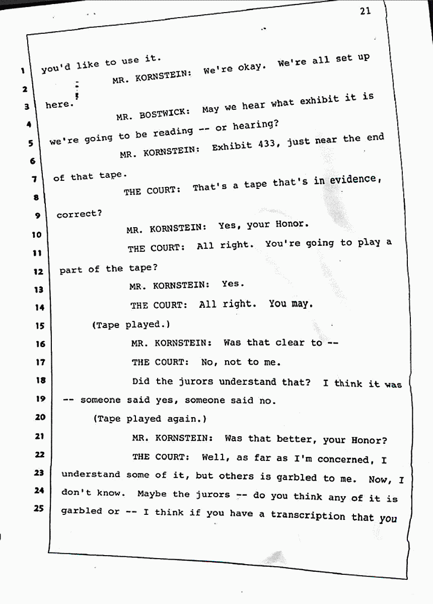 Los Angeles, California Civil Trial<br>Jeffrey MacDonald vs. Joe McGinniss<br><br>July 30, 1987:<br>Plaintiff's Witness: Jeffrey MacDonald, p. 21