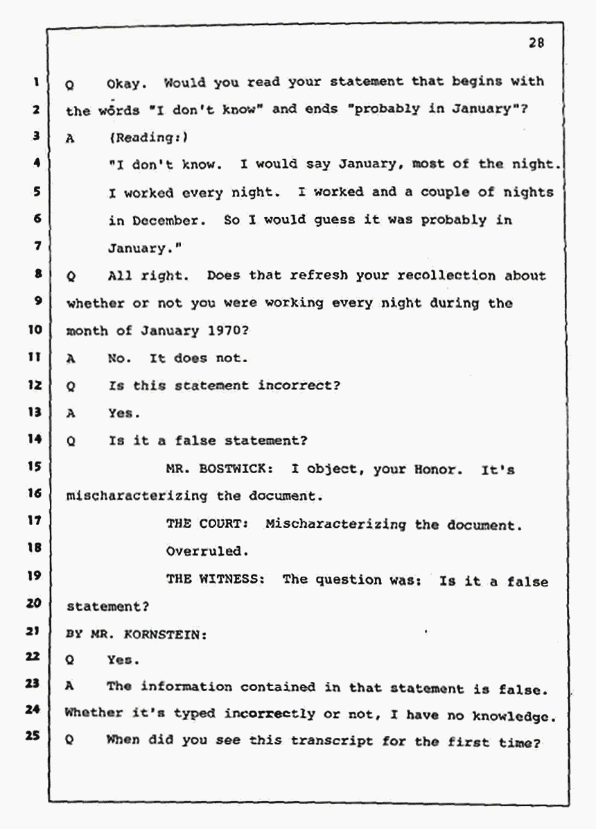 Los Angeles, California Civil Trial<br>Jeffrey MacDonald vs. Joe McGinniss<br><br>July 30, 1987:<br>Plaintiff's Witness: Jeffrey MacDonald, p. 28