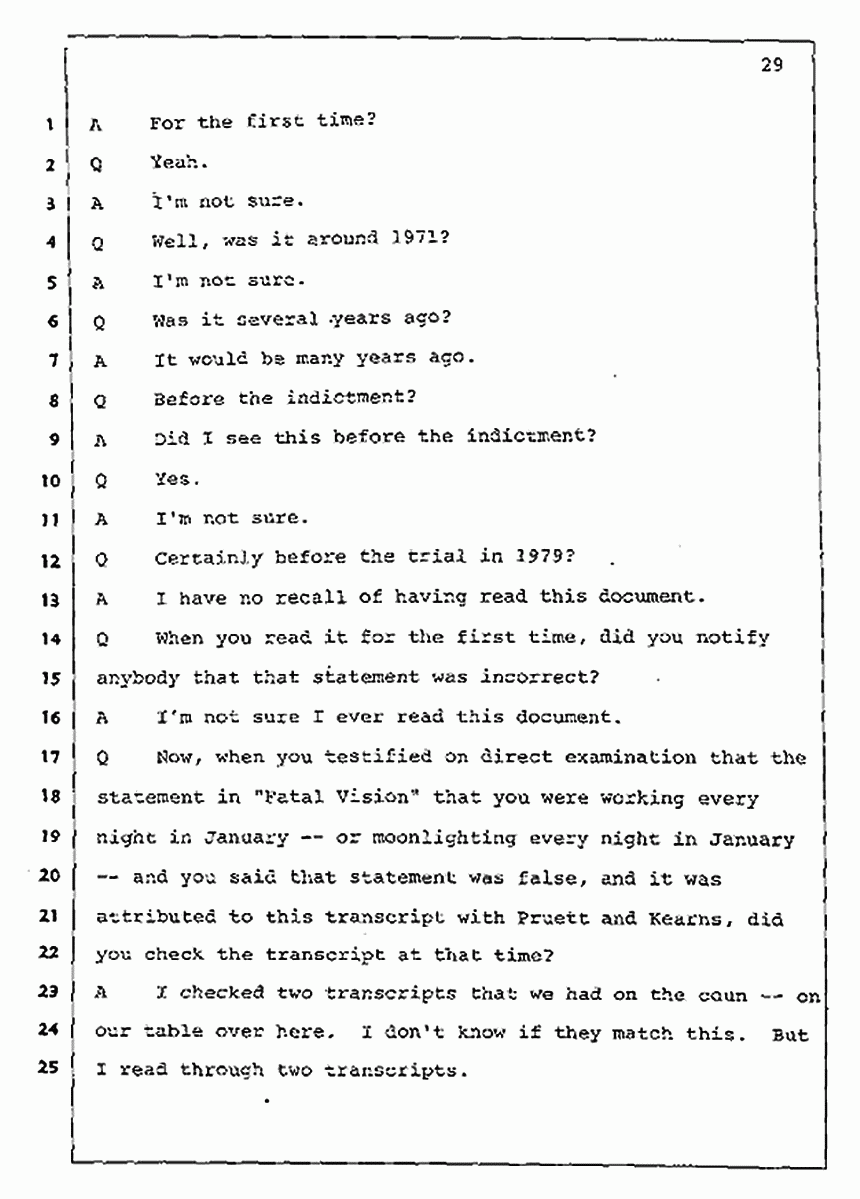 Los Angeles, California Civil Trial<br>Jeffrey MacDonald vs. Joe McGinniss<br><br>July 30, 1987:<br>Plaintiff's Witness: Jeffrey MacDonald, p. 29