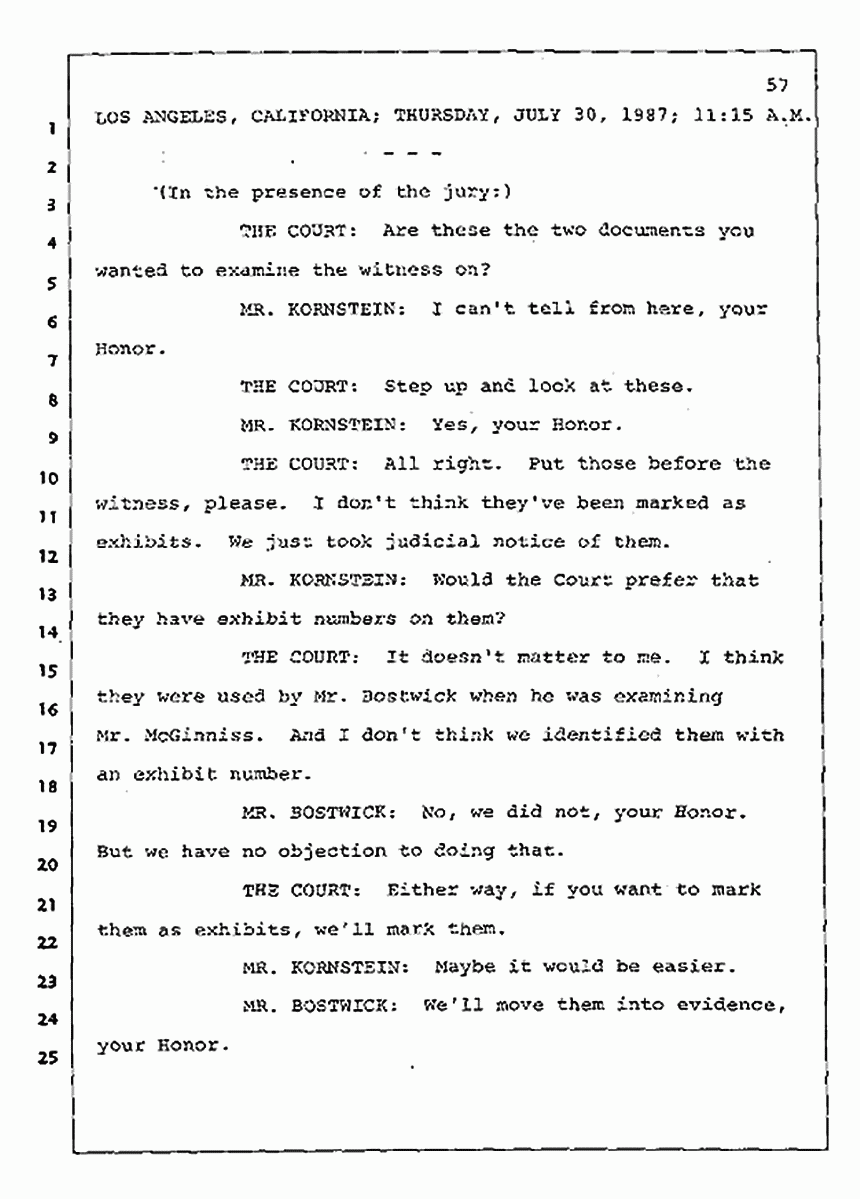 Los Angeles, California Civil Trial<br>Jeffrey MacDonald vs. Joe McGinniss<br><br>July 30, 1987:<br>Plaintiff's Witness: Jeffrey MacDonald, p. 57