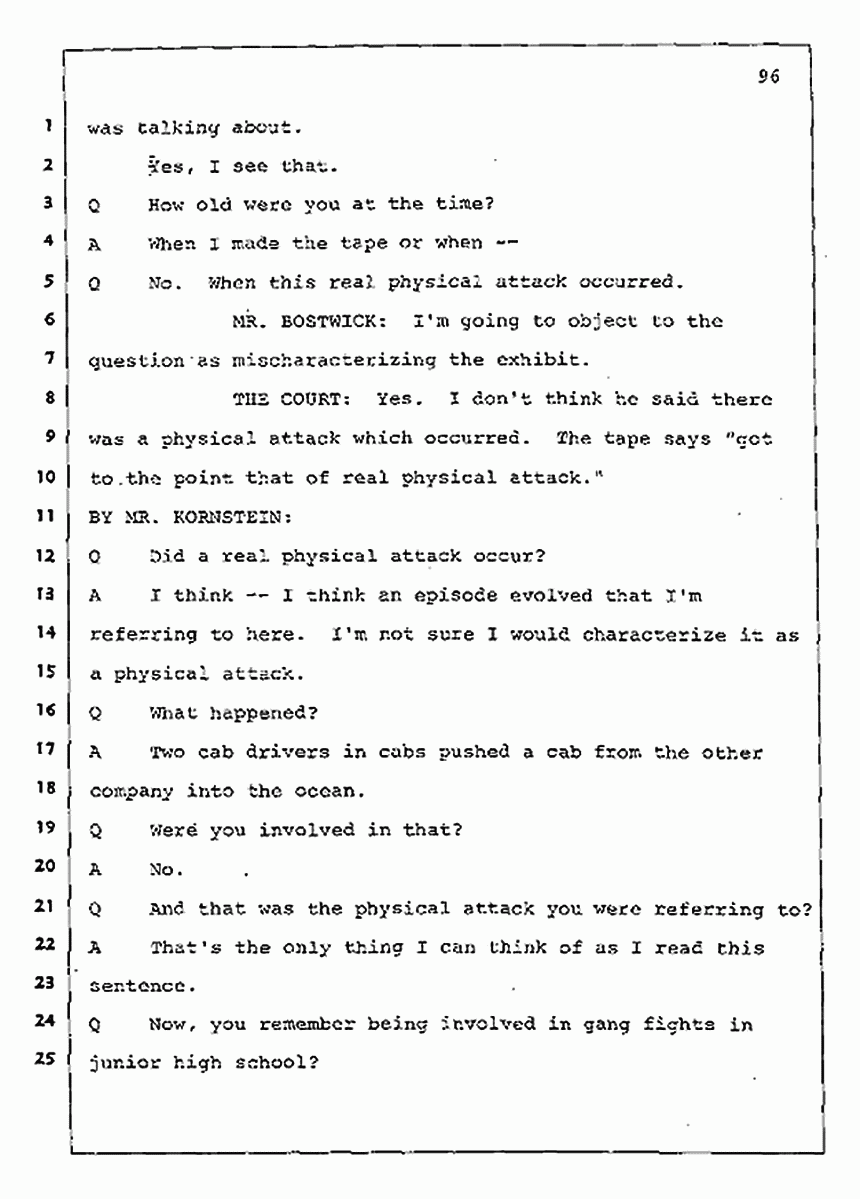 Los Angeles, California Civil Trial<br>Jeffrey MacDonald vs. Joe McGinniss<br><br>July 30, 1987:<br>Plaintiff's Witness: Jeffrey MacDonald, p. 96