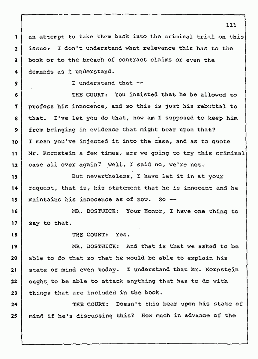 Los Angeles, California Civil Trial<br>Jeffrey MacDonald vs. Joe McGinniss<br><br>July 30, 1987:<br>Plaintiff's Witness: Jeffrey MacDonald, p. 111