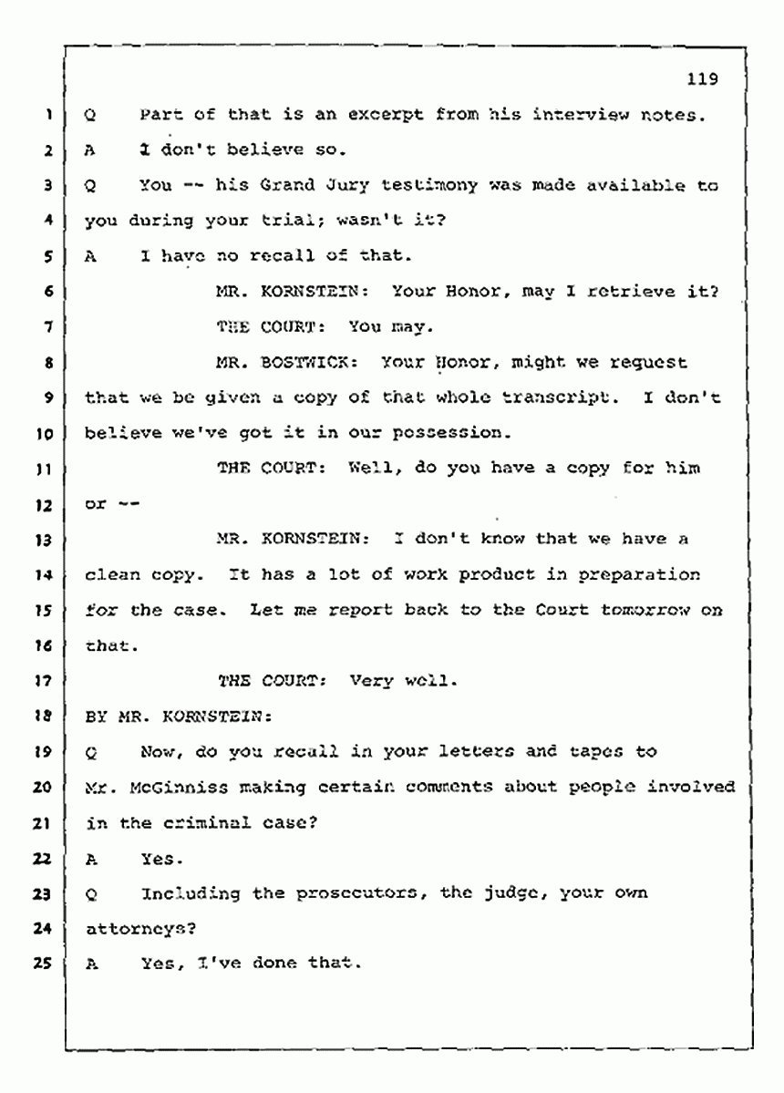 Los Angeles, California Civil Trial<br>Jeffrey MacDonald vs. Joe McGinniss<br><br>July 30, 1987:<br>Plaintiff's Witness: Jeffrey MacDonald, p. 119