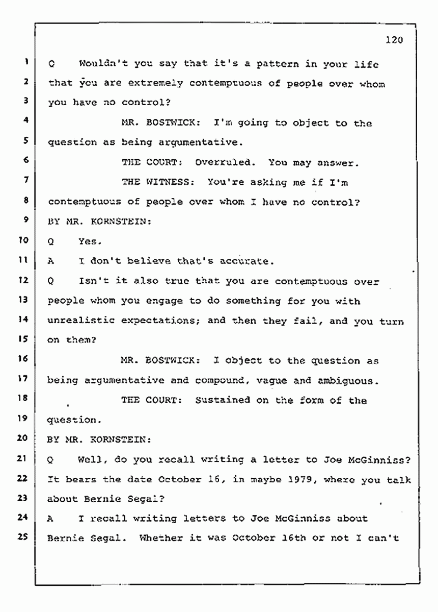 Los Angeles, California Civil Trial<br>Jeffrey MacDonald vs. Joe McGinniss<br><br>July 30, 1987:<br>Plaintiff's Witness: Jeffrey MacDonald, p. 120