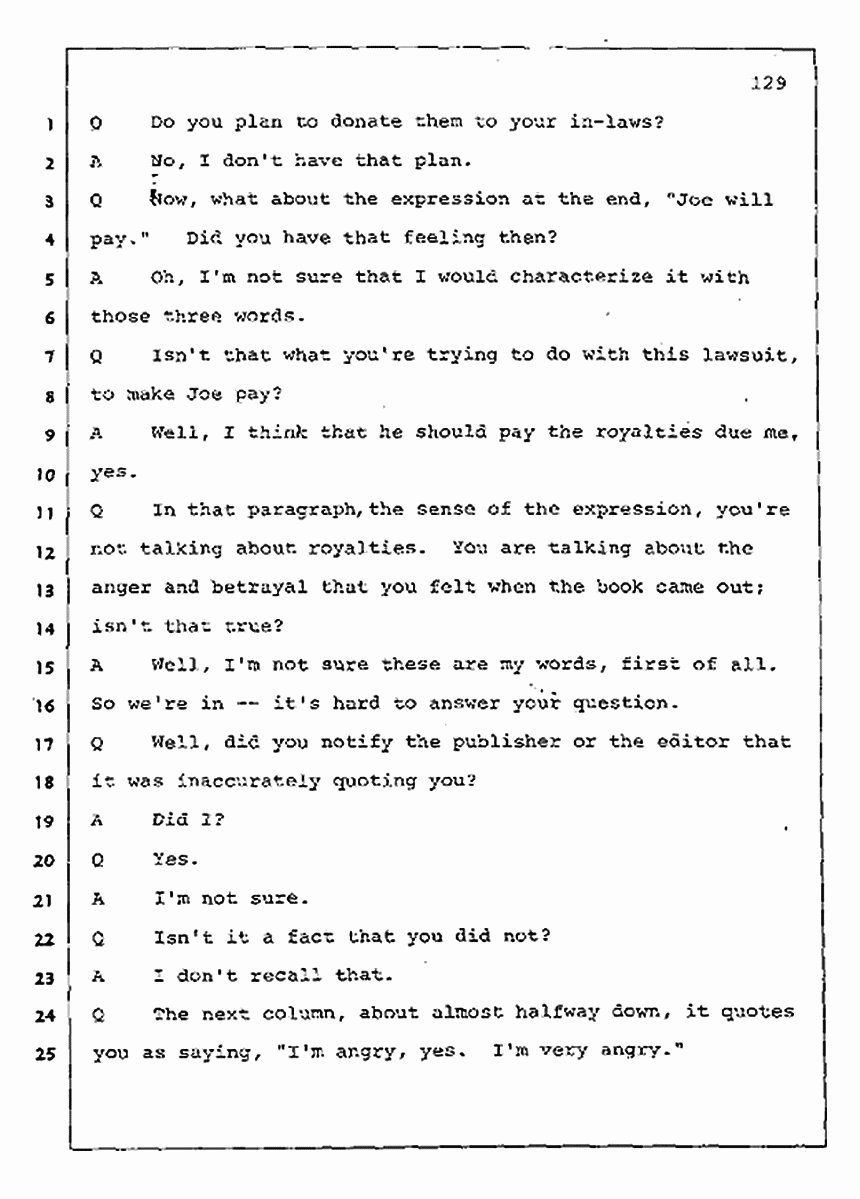 Los Angeles, California Civil Trial<br>Jeffrey MacDonald vs. Joe McGinniss<br><br>July 30, 1987:<br>Plaintiff's Witness: Jeffrey MacDonald, p. 129