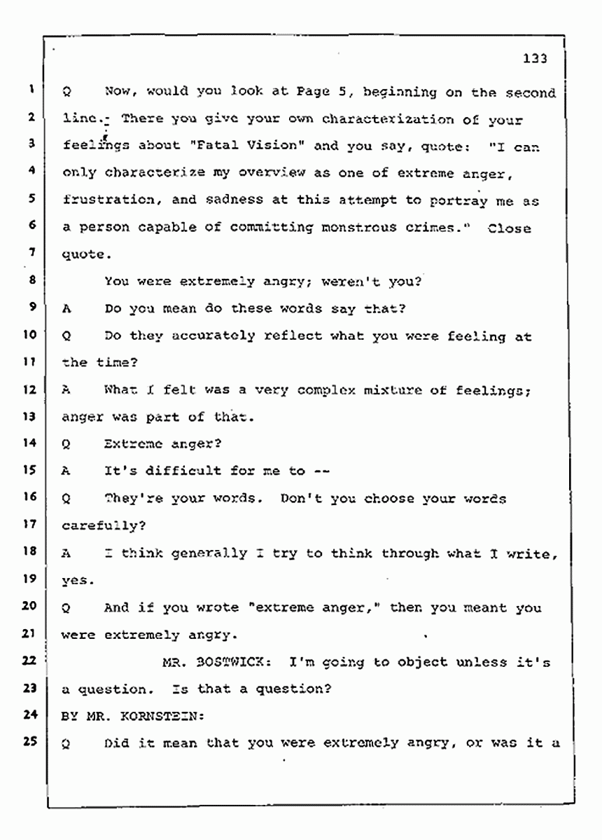 Los Angeles, California Civil Trial<br>Jeffrey MacDonald vs. Joe McGinniss<br><br>July 30, 1987:<br>Plaintiff's Witness: Jeffrey MacDonald, p. 133