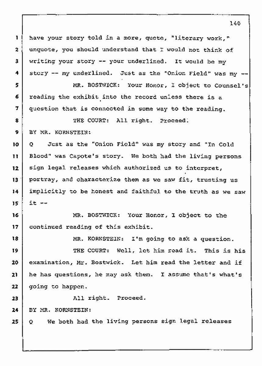 Los Angeles, California Civil Trial<br>Jeffrey MacDonald vs. Joe McGinniss<br><br>July 30, 1987:<br>Plaintiff's Witness: Jeffrey MacDonald, p. 140