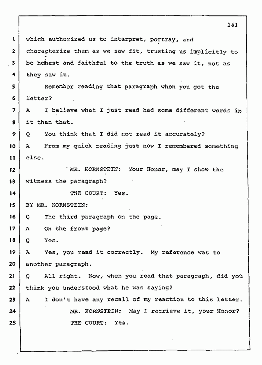 Los Angeles, California Civil Trial<br>Jeffrey MacDonald vs. Joe McGinniss<br><br>July 30, 1987:<br>Plaintiff's Witness: Jeffrey MacDonald, p. 141