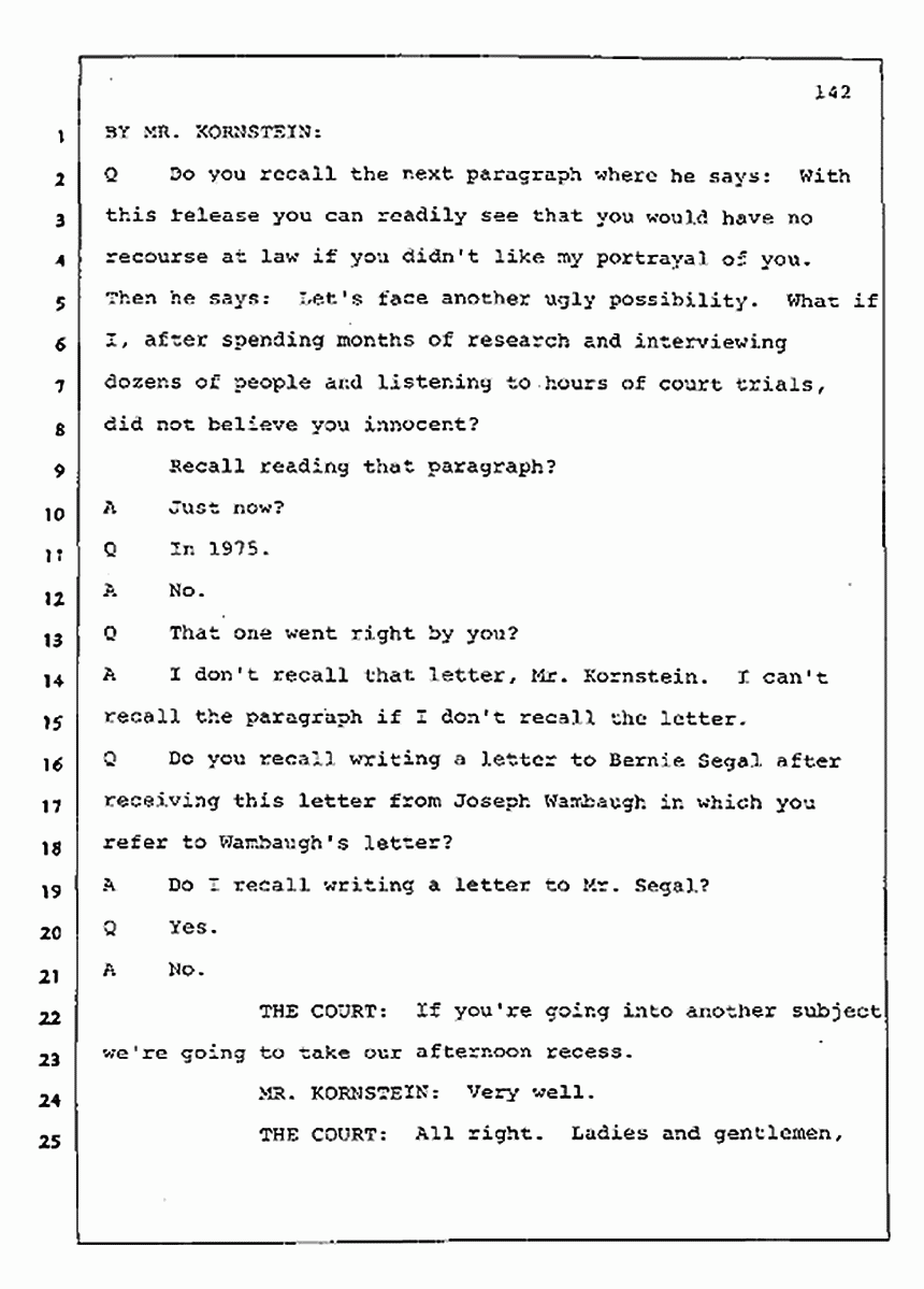 Los Angeles, California Civil Trial<br>Jeffrey MacDonald vs. Joe McGinniss<br><br>July 30, 1987:<br>Plaintiff's Witness: Jeffrey MacDonald, p. 142