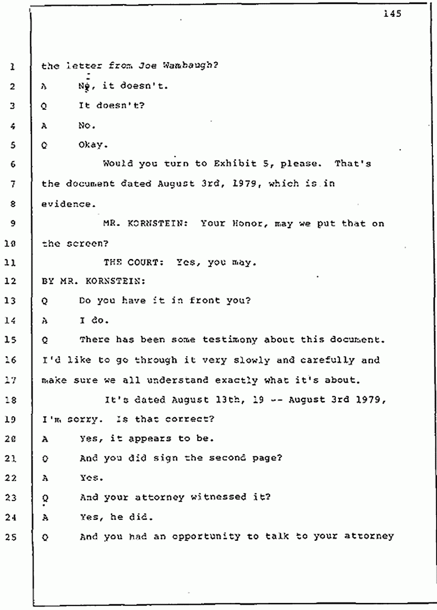 Los Angeles, California Civil Trial<br>Jeffrey MacDonald vs. Joe McGinniss<br><br>July 30, 1987:<br>Plaintiff's Witness: Jeffrey MacDonald, p. 145