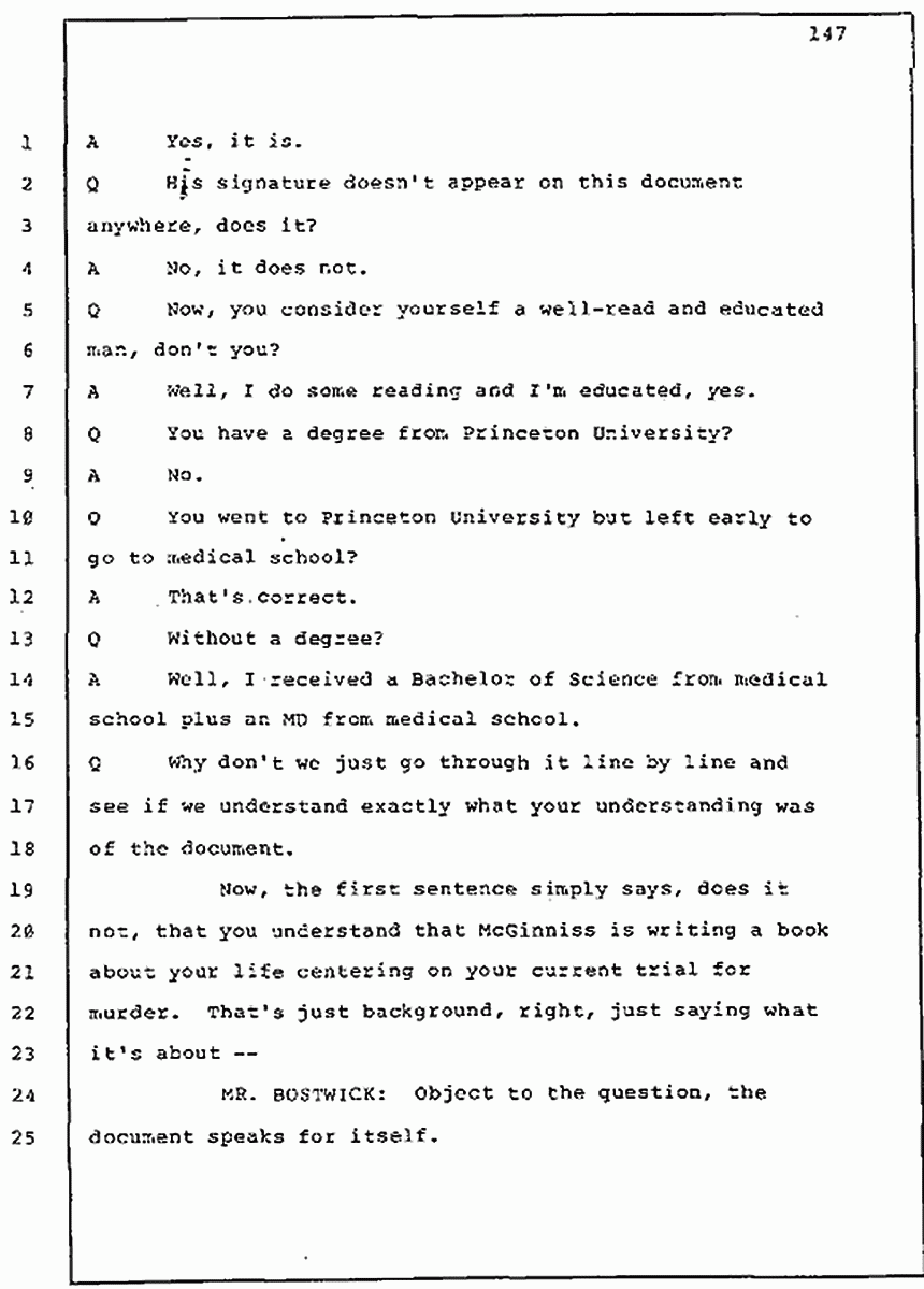 Los Angeles, California Civil Trial<br>Jeffrey MacDonald vs. Joe McGinniss<br><br>July 30, 1987:<br>Plaintiff's Witness: Jeffrey MacDonald, p. 147