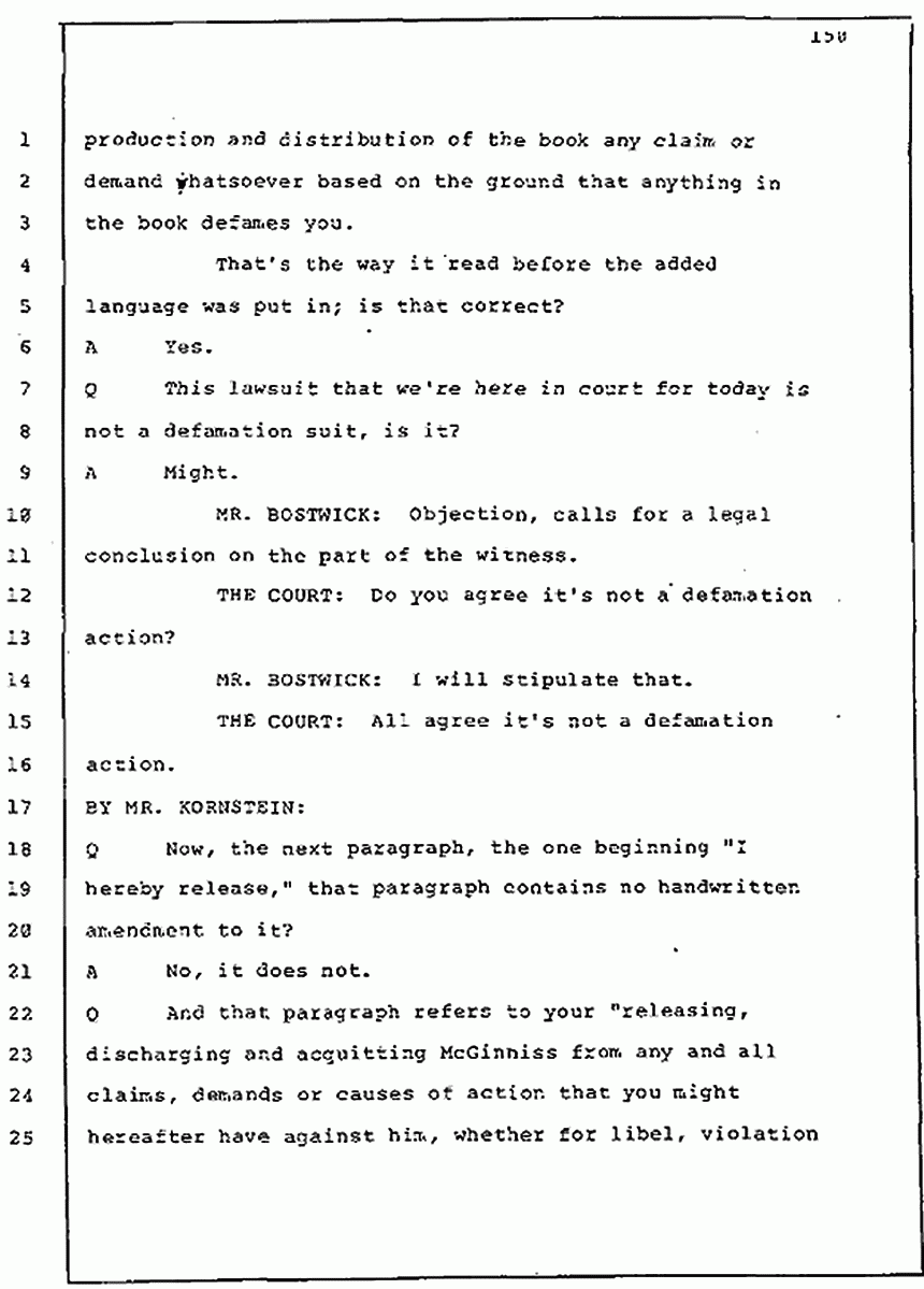 Los Angeles, California Civil Trial<br>Jeffrey MacDonald vs. Joe McGinniss<br><br>July 30, 1987:<br>Plaintiff's Witness: Jeffrey MacDonald, p. 150