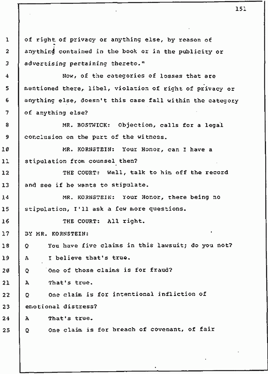 Los Angeles, California Civil Trial<br>Jeffrey MacDonald vs. Joe McGinniss<br><br>July 30, 1987:<br>Plaintiff's Witness: Jeffrey MacDonald, p. 151