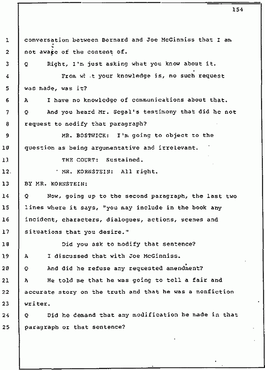 Los Angeles, California Civil Trial<br>Jeffrey MacDonald vs. Joe McGinniss<br><br>July 30, 1987:<br>Plaintiff's Witness: Jeffrey MacDonald, p. 154