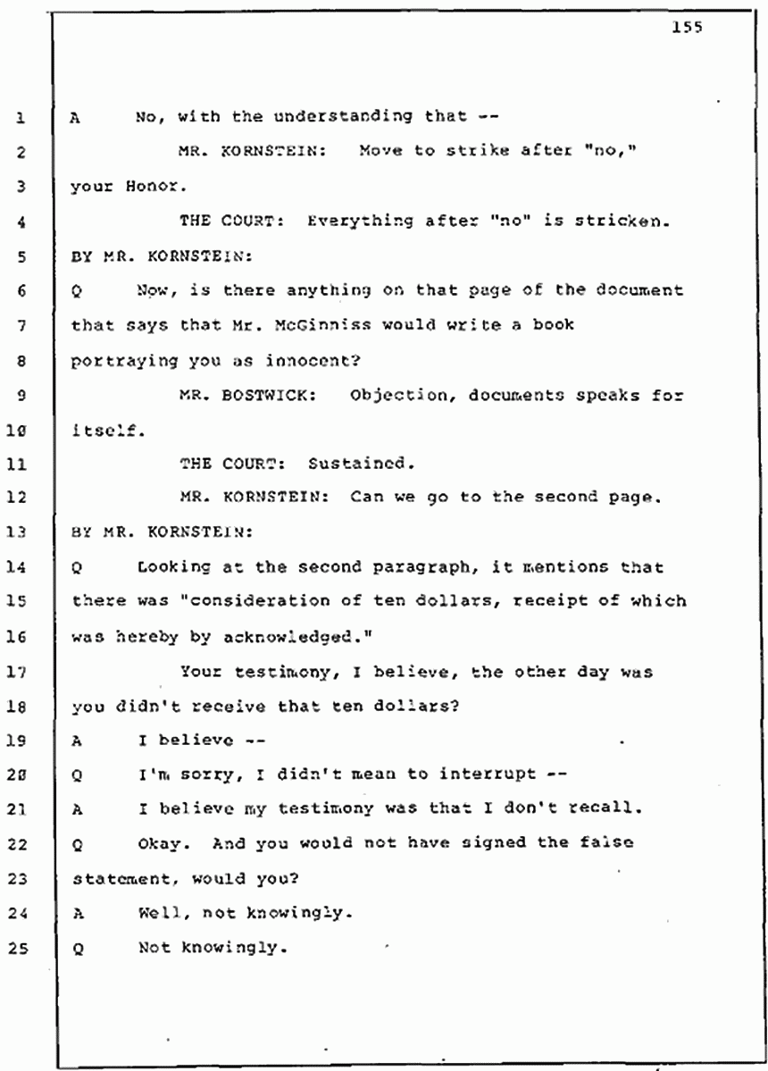 Los Angeles, California Civil Trial<br>Jeffrey MacDonald vs. Joe McGinniss<br><br>July 30, 1987:<br>Plaintiff's Witness: Jeffrey MacDonald, p. 155
