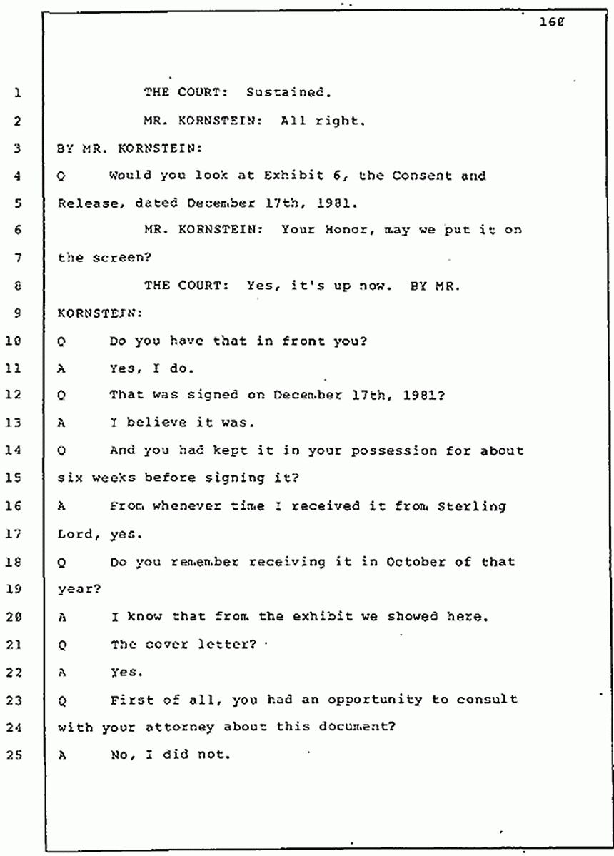 Los Angeles, California Civil Trial<br>Jeffrey MacDonald vs. Joe McGinniss<br><br>July 30, 1987:<br>Plaintiff's Witness: Jeffrey MacDonald, p. 160