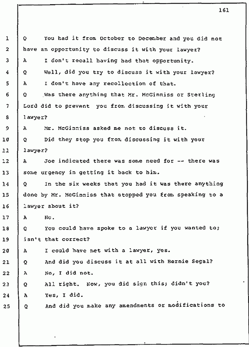 Los Angeles, California Civil Trial<br>Jeffrey MacDonald vs. Joe McGinniss<br><br>July 30, 1987:<br>Plaintiff's Witness: Jeffrey MacDonald, p. 161